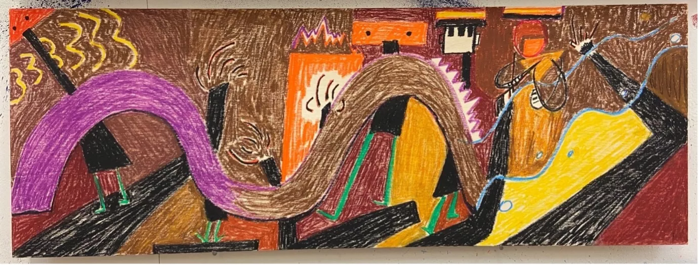 View on the stage 舞台上的风景 Oil pastal on wood 木板油画棒 81X29cm
